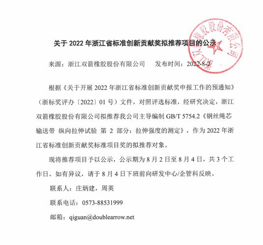 关于2022年浙江省标准创新贡献奖拟推荐项目的公示